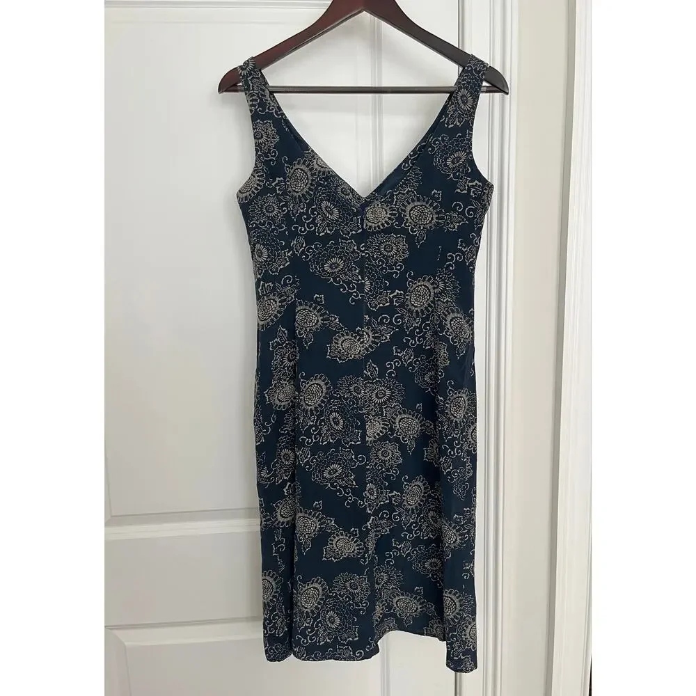 VTG J Crew 100% Silk Dress Blue Sunflower Floral Medallion Midi Slip 90s Sz. S